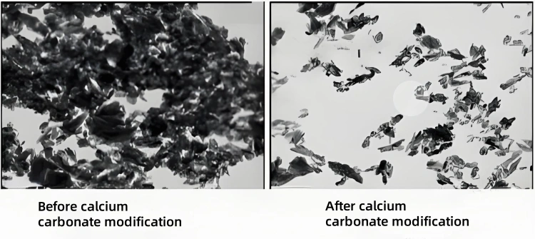 Microscopic image of calcium carbonate before and after modification
